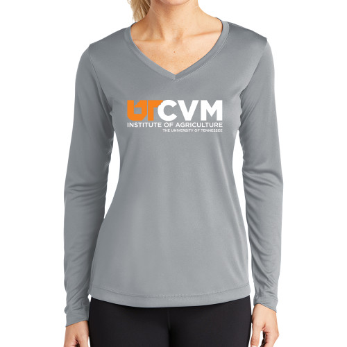  Womens Grey Performance Long Sleeve V Neck Shirt - College of Veterinary Medicine