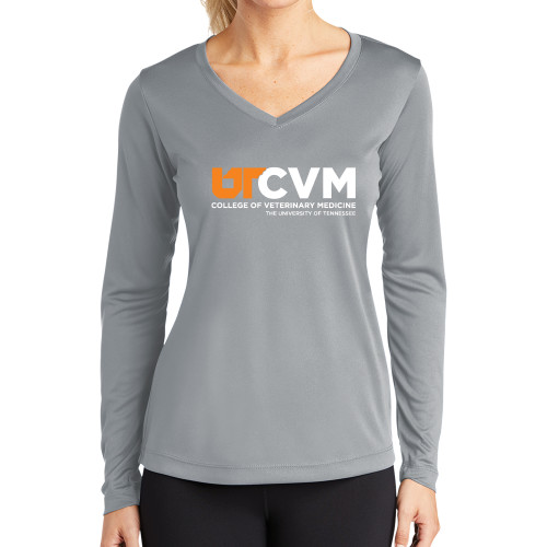  Womens Grey Performance Long Sleeve V Neck Shirt - CVM - College of Veterinary Medicine