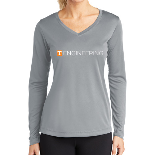  Womens Grey Performance Long Sleeve V Neck Shirt - Engineering