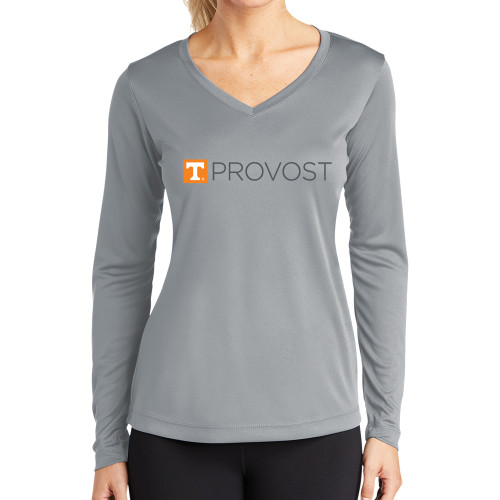  Womens Grey Performance Long Sleeve V Neck Shirt - Office of Provost One Line