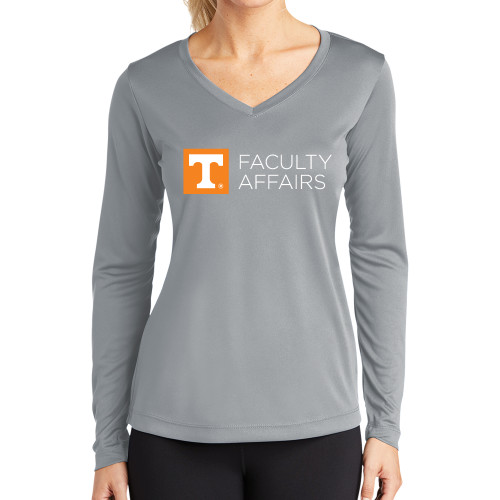  Womens Grey Performance Long Sleeve V Neck Shirt - Faculty Affairs Horizontal