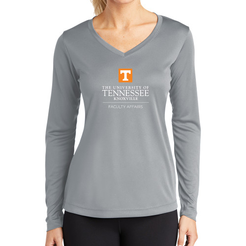  Womens Grey Performance Long Sleeve V Neck Shirt - Faculty Affairs Vertical