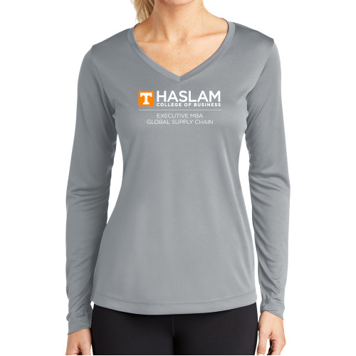  Womens Grey Performance Long Sleeve V Neck Shirt - Haslam College of Business Executive MBA Global Supply Chain Centered