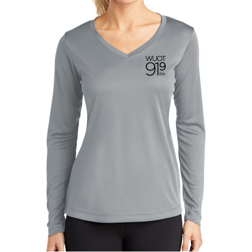  Womens Grey Performance Long Sleeve V Neck Shirt - UT Knoxville WUOT 919fm Square Logo