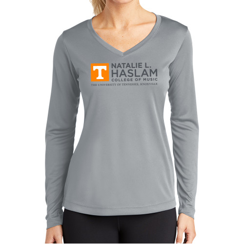  Womens Grey Performance Long Sleeve V Neck Shirt - Natalie L Haslam College of Music - UTK