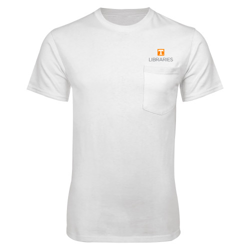  White T Shirt w/Pocket - UTK - Libraries Stacked