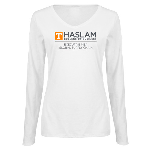  Womens White Long Sleeve V Neck Tee  - Haslam College of Business Executive MBA Global Supply Chain Centered