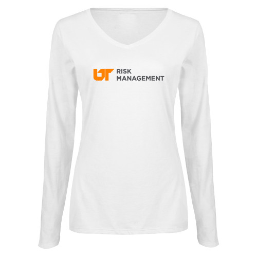  Womens White Long Sleeve V Neck Tee - Risk Management