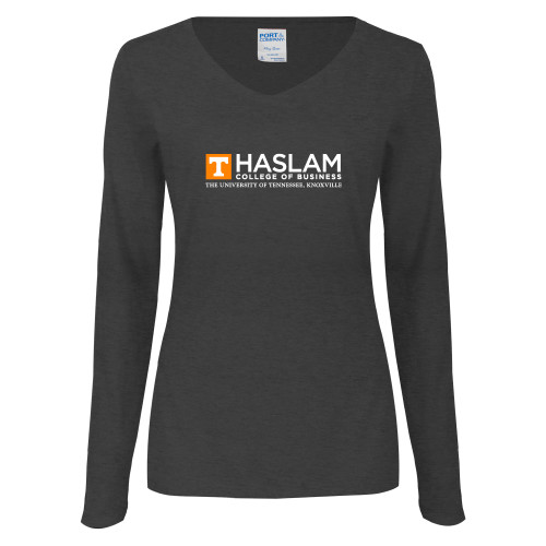  Womens Dark Heather Long Sleeve V Neck Tee  - HASLAM College of Business