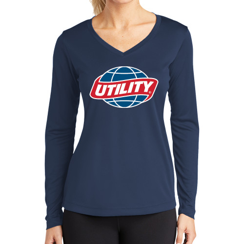  Womens Navy Performance Long Sleeve V Neck Shirt - Utility