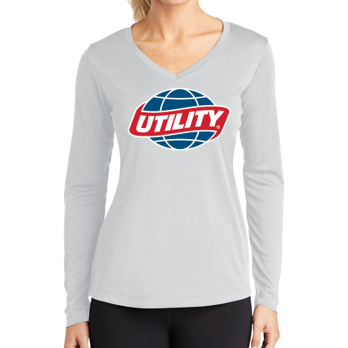  Womens White Performance Long Sleeve V Neck Shirt - Utility