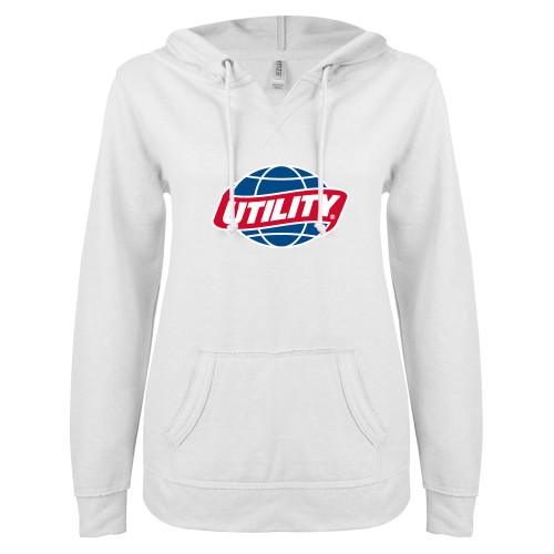  ENZA Womens White V Notch Raw Edge Fleece Hoodie - Utility