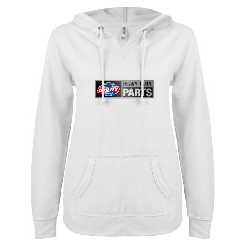  ENZA Womens White V Notch Raw Edge Fleece Hoodie - Heavy Duty Parts Horizontal