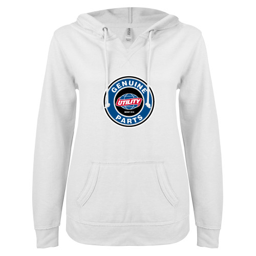  ENZA Womens White V Notch Raw Edge Fleece Hoodie - Genuine Parts