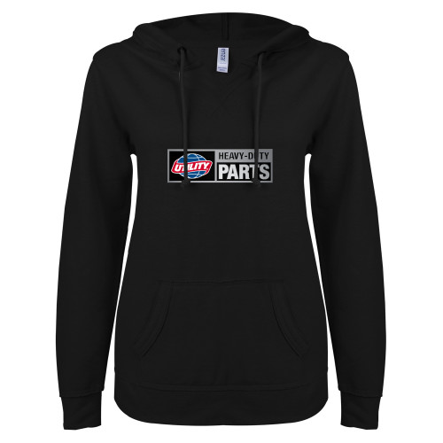  ENZA Womens Black V Notch Raw Edge Fleece Hoodie - Heavy Duty Parts Horizontal
