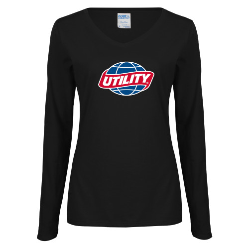  Womens Black Long Sleeve V Neck Tee  - Utility