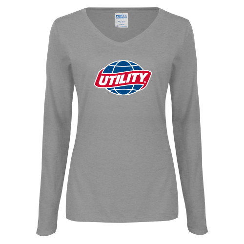  Womens Grey Long Sleeve V Neck Tee  - Utility