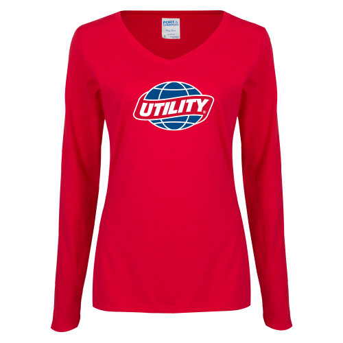  Womens Red Long Sleeve V Neck Tee - Utility