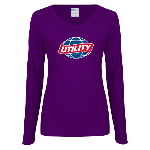  Womens Purple Long Sleeve V Neck Tee  - Utility