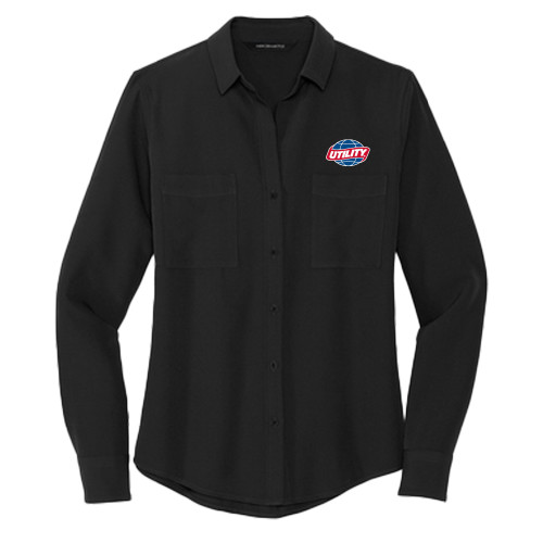  Mercer + Mettle Womens Black Crepe Long Sleeve Camp Blouse - Utility