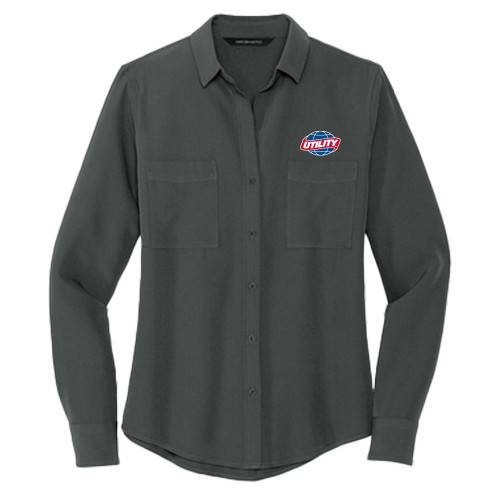  Mercer + Mettle Womens Grey Crepe Long Sleeve Camp Blouse - Utility