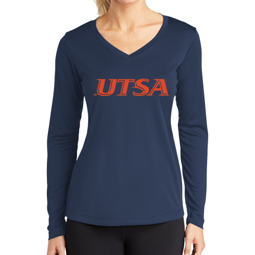 UTSA Womens Navy Performance Long Sleeve V Neck Shi