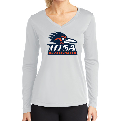 UTSA Womens White Performance Long Sleeve V Neck Shi