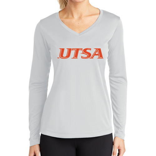 UTSA Womens White Performance Long Sleeve V Neck Shi