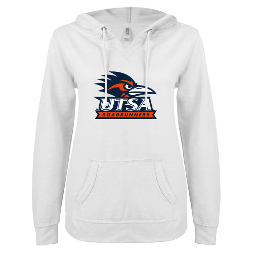 UTSA ENZA Womens White V Notch Raw Edge Fleece Hood