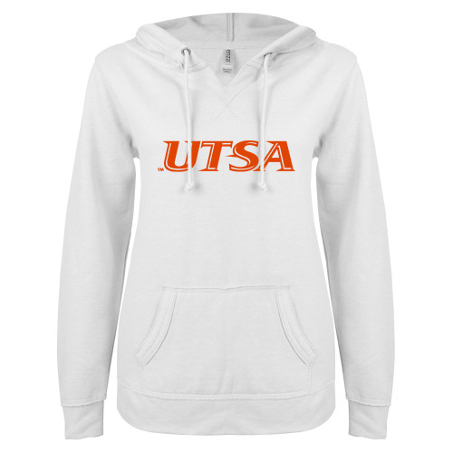 UTSA ENZA Womens White V Notch Raw Edge Fleece Hood