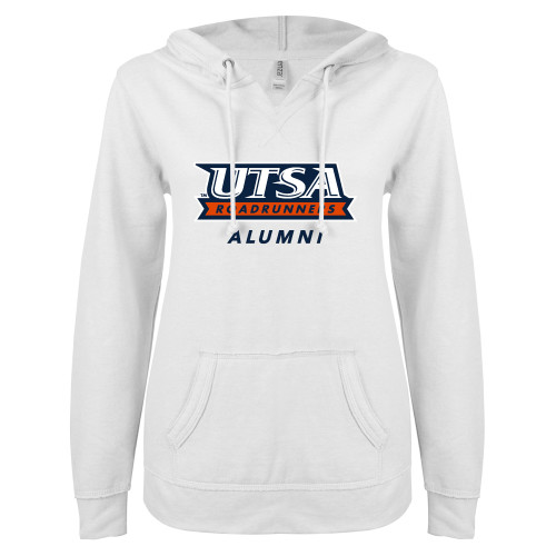 UTSA ENZA Womens White V Notch Raw Edge Fleece Hood