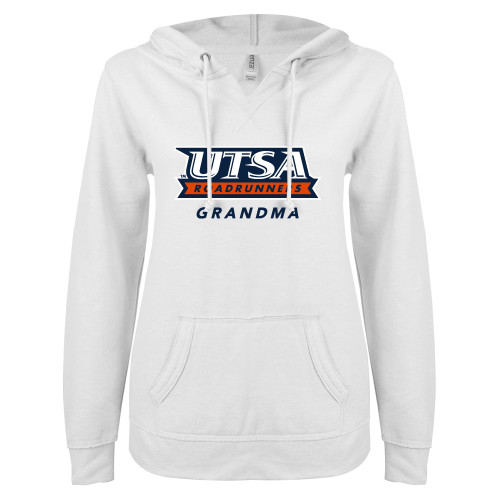 UTSA ENZA Womens White V Notch Raw Edge Fleece Hood