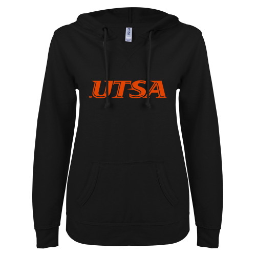 UTSA ENZA Womens Black V Notch Raw Edge Fleece Hood