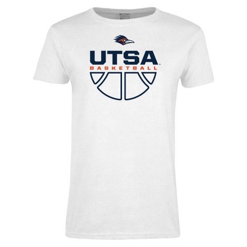  Womens White Short Sleeve Tee - UTSA Basketball Half Ball