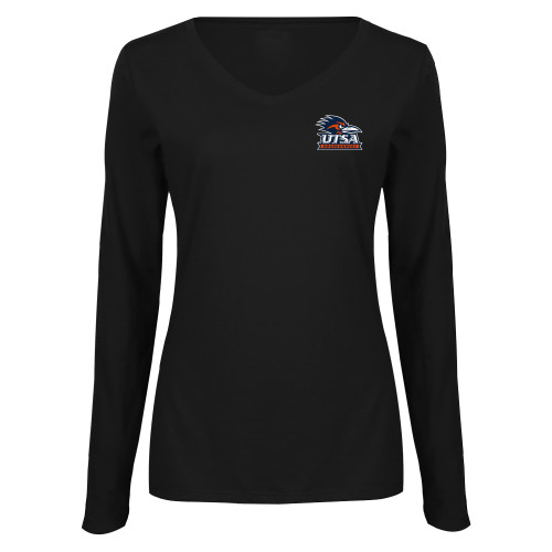  Womens Black Long Sleeve V Neck Tee  - UTSA Primary Mark