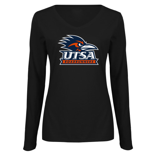  Womens Black Long Sleeve V Neck Tee  - UTSA Primary Mark