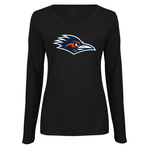  Womens Black Long Sleeve V Neck Tee  - UTSA Roadrunner Head