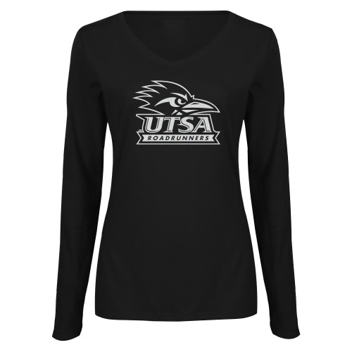  Womens Black Long Sleeve V Neck Tee  - UTSA Glitter White Soft