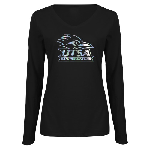  Womens Black Long Sleeve V Neck Tee  - UTSA - Silver Foil