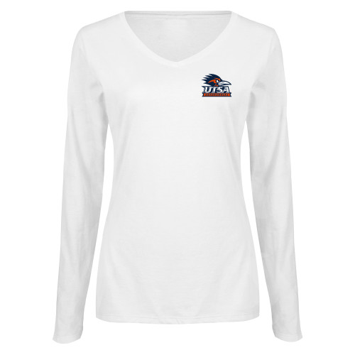  Womens White Long Sleeve V Neck Tee - UTSA Primary Mark