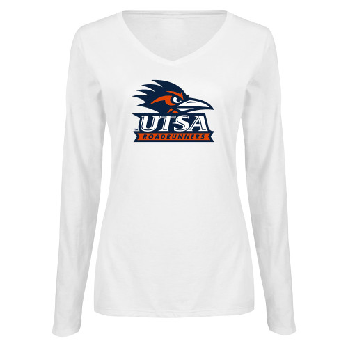  Womens White Long Sleeve V Neck Tee - UTSA Primary Mark