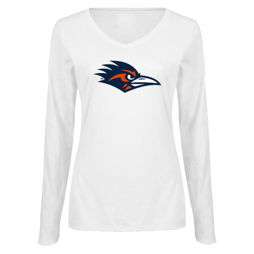  Womens White Long Sleeve V Neck Tee - UTSA Roadrunner Head