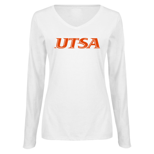  Womens White Long Sleeve V Neck Tee - UTSA