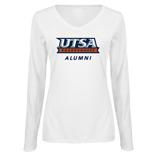  Womens White Long Sleeve V Neck Tee - UTSA Alumni