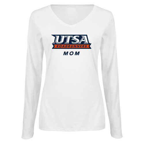  Womens White Long Sleeve V Neck Tee - UTSA Mom