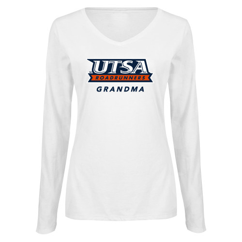  Womens White Long Sleeve V Neck Tee - UTSA Grandma