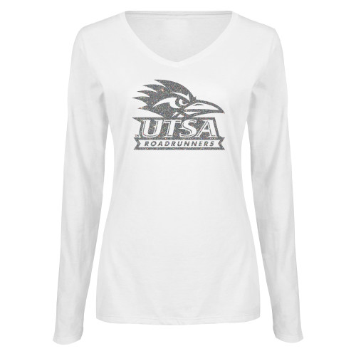  Womens White Long Sleeve V Neck Tee - UTSA Glitter Silver Soft