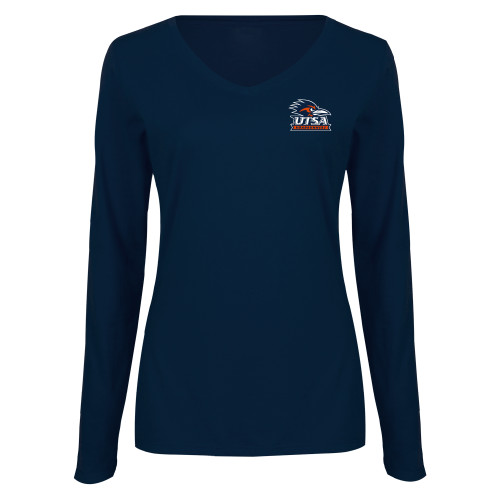  Womens Navy Long Sleeve V Neck Tee - UTSA Primary Mark