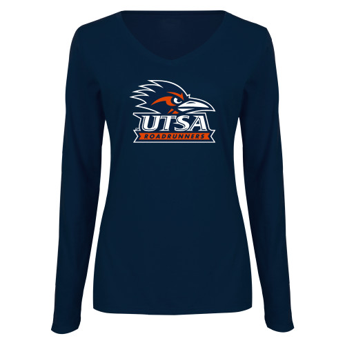  Womens Navy Long Sleeve V Neck Tee - UTSA Primary Mark