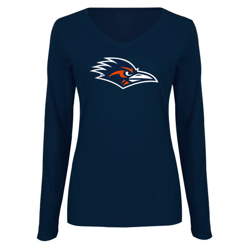  Womens Navy Long Sleeve V Neck Tee - UTSA Roadrunner Head